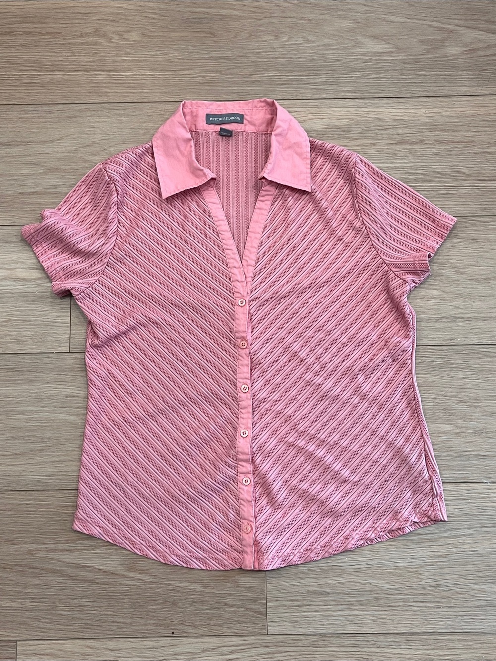 Beechers Brook Pink Open Knit Button Front Collared Blouse Y2K Size M